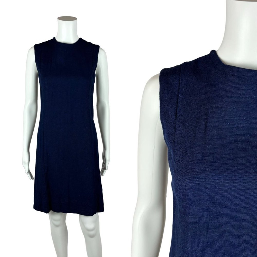 Vintage 50s Shift Dress Navy Blue Solid Linen Mod